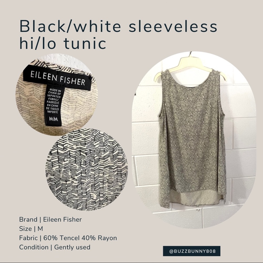 EUC Eileen Fisher hi/lo sleeveless tunic in a b/w geometric pattern